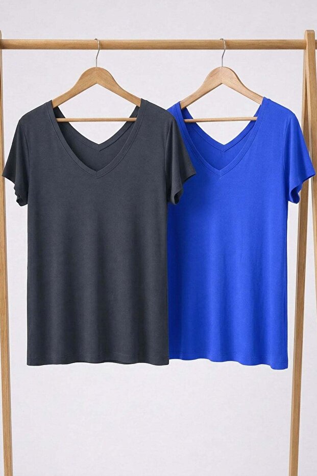 2 Pieces Front and Back V-Neck Basic T-Shirts - 1