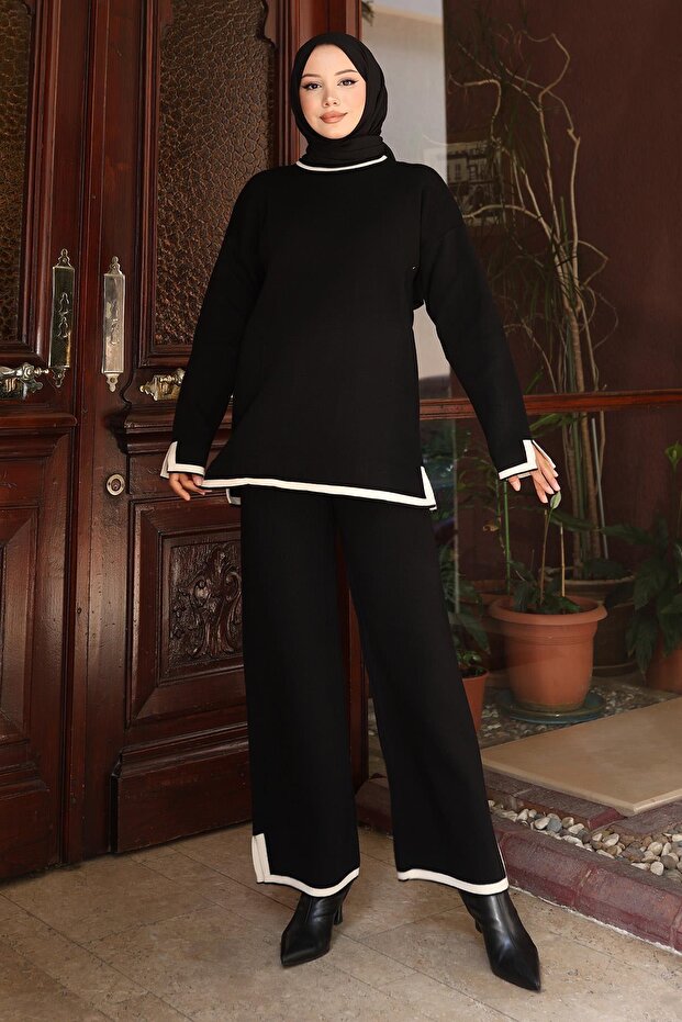 Slit Detailed Knitwear Set Black 6152