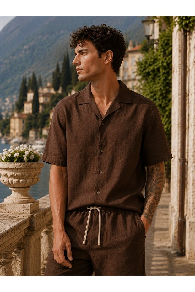 Men's Cotton Linen Shirt Shorts Set Coffee