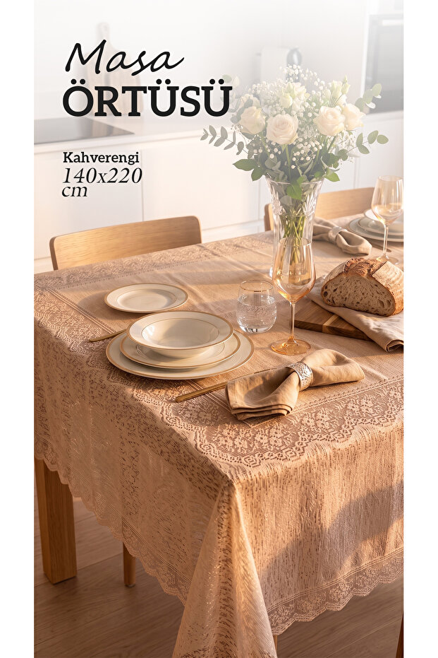 Natural Tablecloth with Lace Edges, Stain-Resistant, Wipeable, Stylish Dining Table Cover 140X220 cm