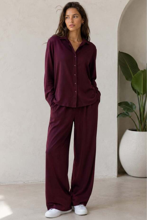 Burgundy Basic Women's Shirt Trousers Double Set Mg2352