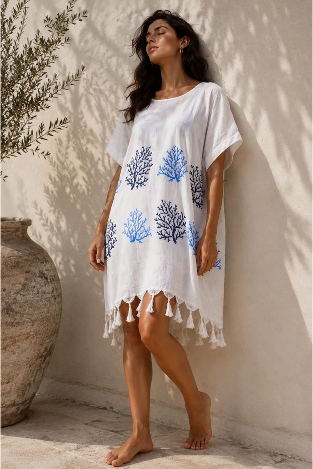 Women's Blue Coral Pattern Sleeve Dress I Cotton Blue Viscon Fabric I Beach Wear Summer Pareo Beachwear