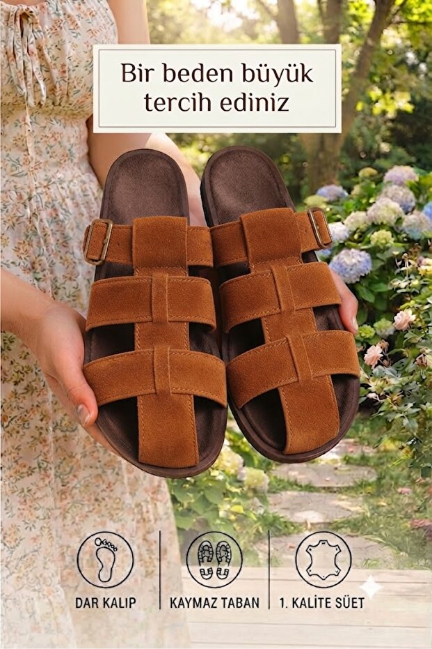 Suede Belted Adjustable Gold Buckle Orthopedic Comfortable Sole Summer Stylish Women's Slippers
