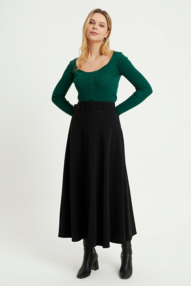 Belted Flared Skirt - Black - 2