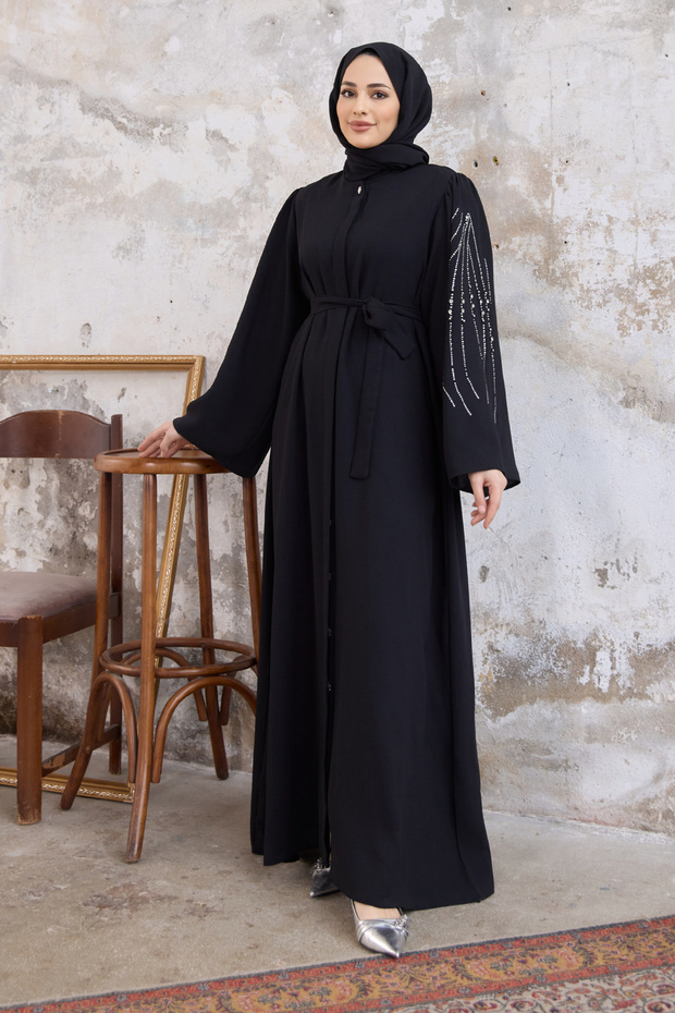 Rona Sleeves Patterned Abaya - Black - 1