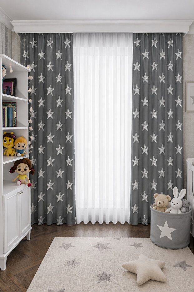 Gray Background Starry Double Winged Children's Room Background Curtain