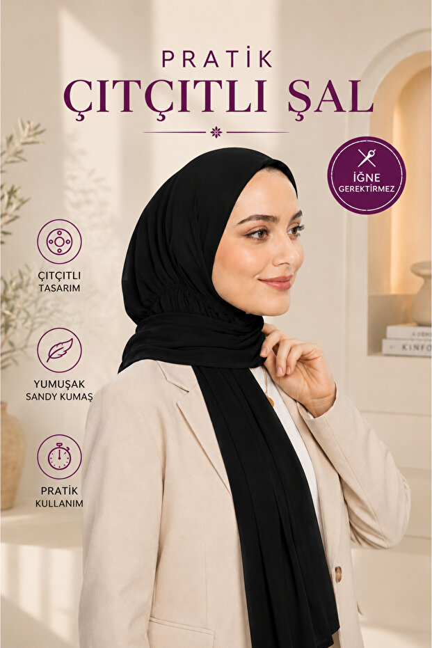 Ready-To-Wear Practical Snap-On Shawl Sandy - Snap-On Hijab Women's Shawl Black
