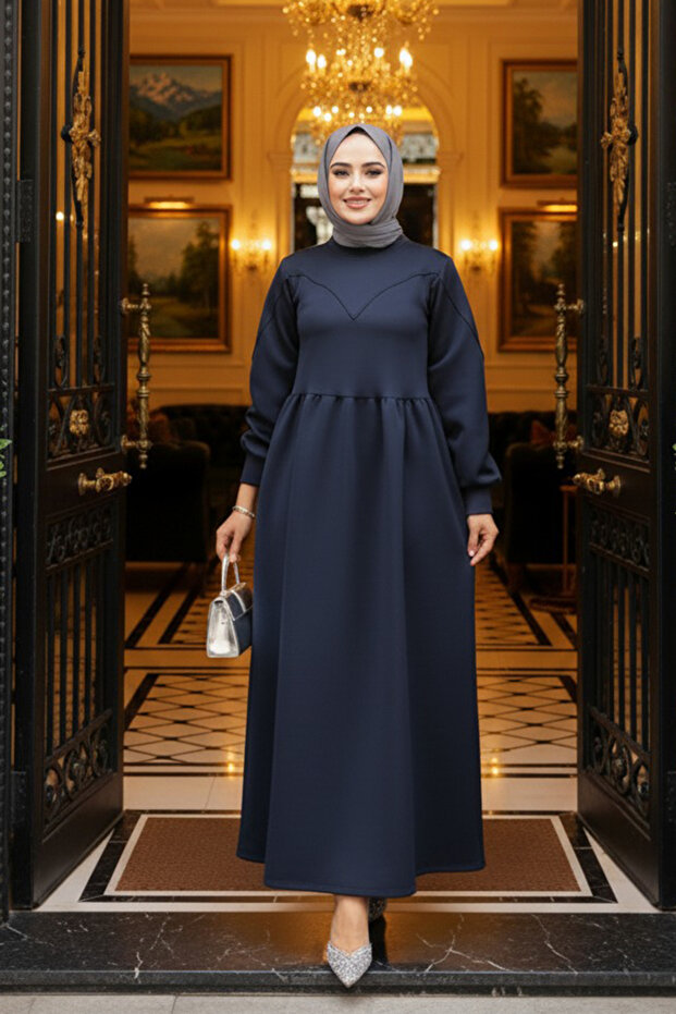 Navy Blue Hijab Scuba Dress 36902L
