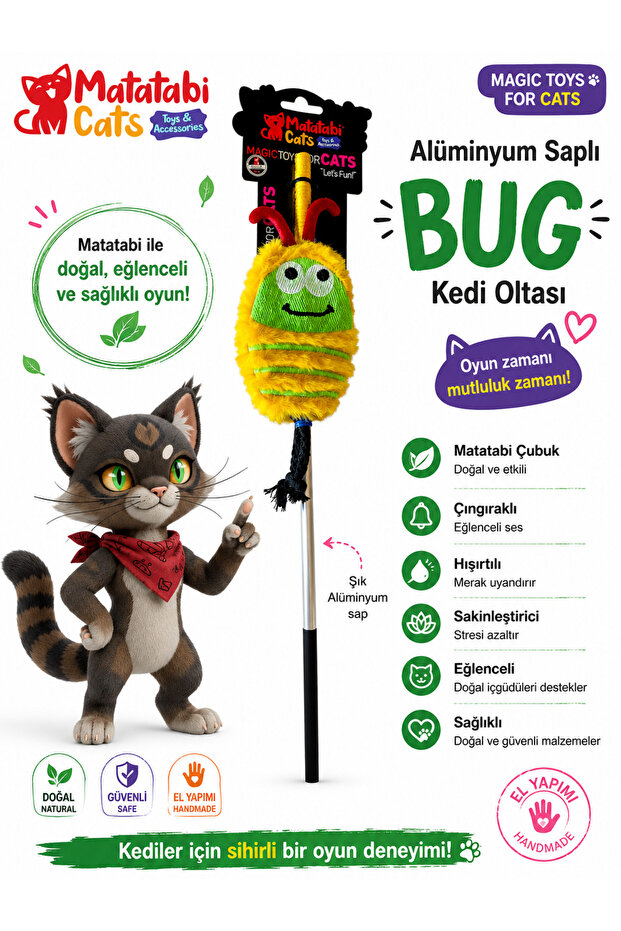 Matatabi Cats Bug Aluminum Handle Cat Fishing Rod(Matatabi,Include Rattle and Special Rustle.Special Fabric)