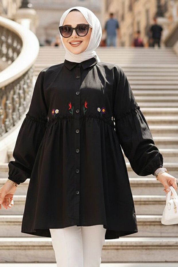 تونيك محتشم أسود بتفاصيل مطرزة - 40603S