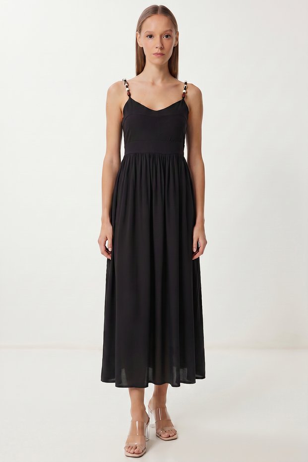 Beaded Detailed Strappy Summer Modal Dress Lub0141 Black