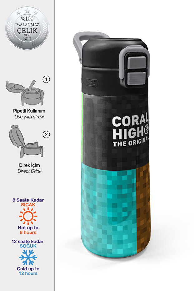 Kids High Craft Patterned Steel Thermos with Straw and Direct Drinking Feature 500 ml 38116