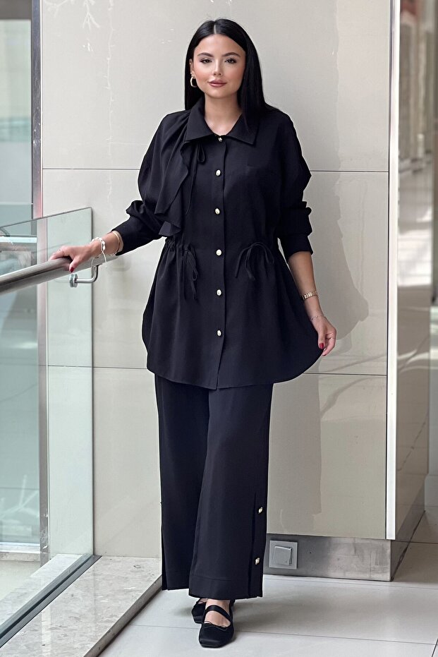 Beli Gathered Shoulder Cover Shirt Pants Set