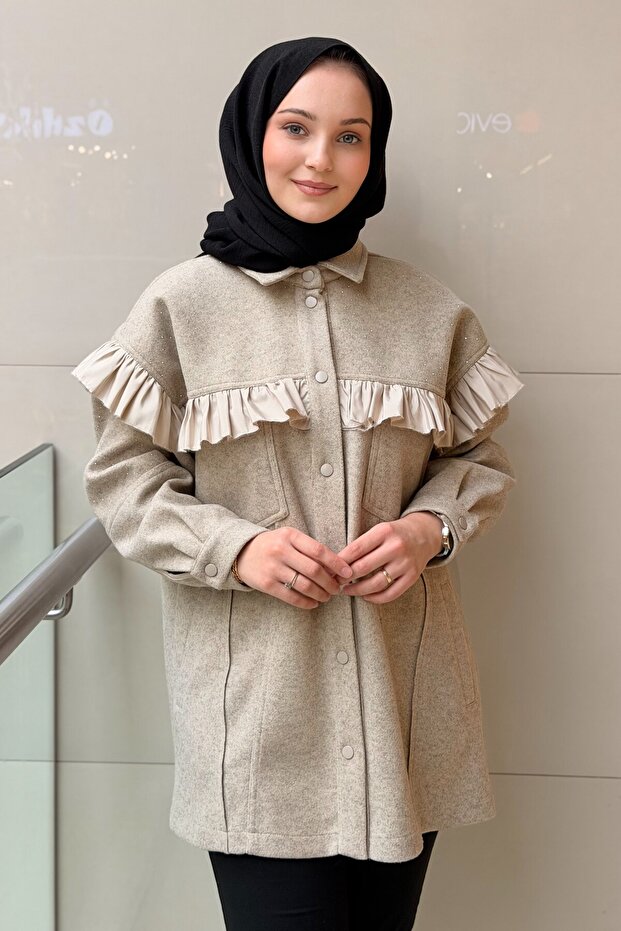 Ruffle Detailed Front Snap Button Cashmere Jacket