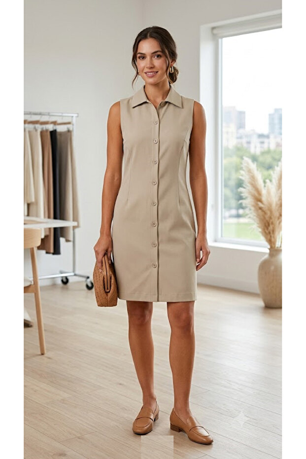 Beige Summer Casual Comfortable Fit-And-Flare Stylish Dress