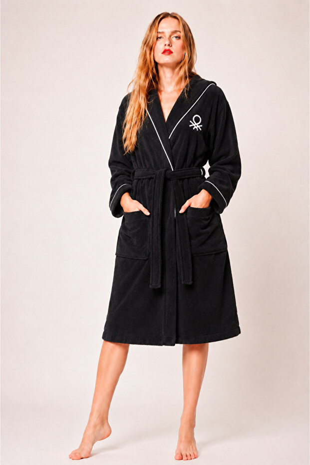 Bathrobe Men Women Unisex Black 100% Cotton