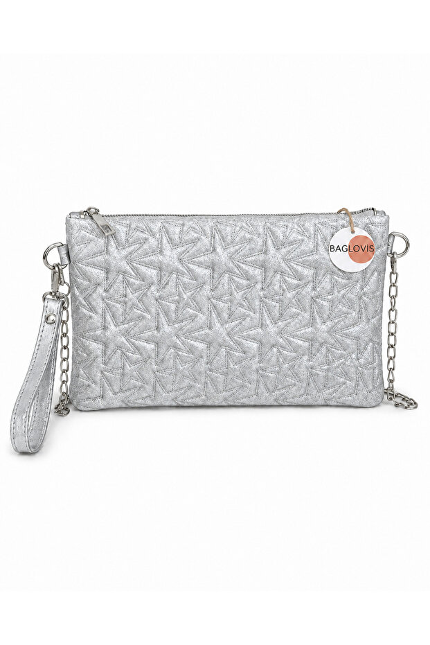 Star Embroidered Quilted Portfolio Bag with Chain Strap Evening Dress Clutch En30 Size19