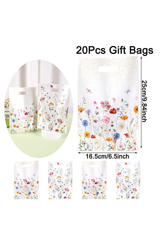 as picture 20pcs 10/20/50pcs Spring Wildflowers Plastic Gift Bags, Floral Grass Butterfly Design Han