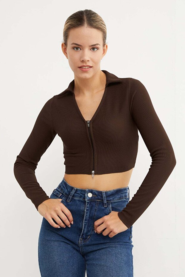 Polo Neck Zippered Crop Bodysuit