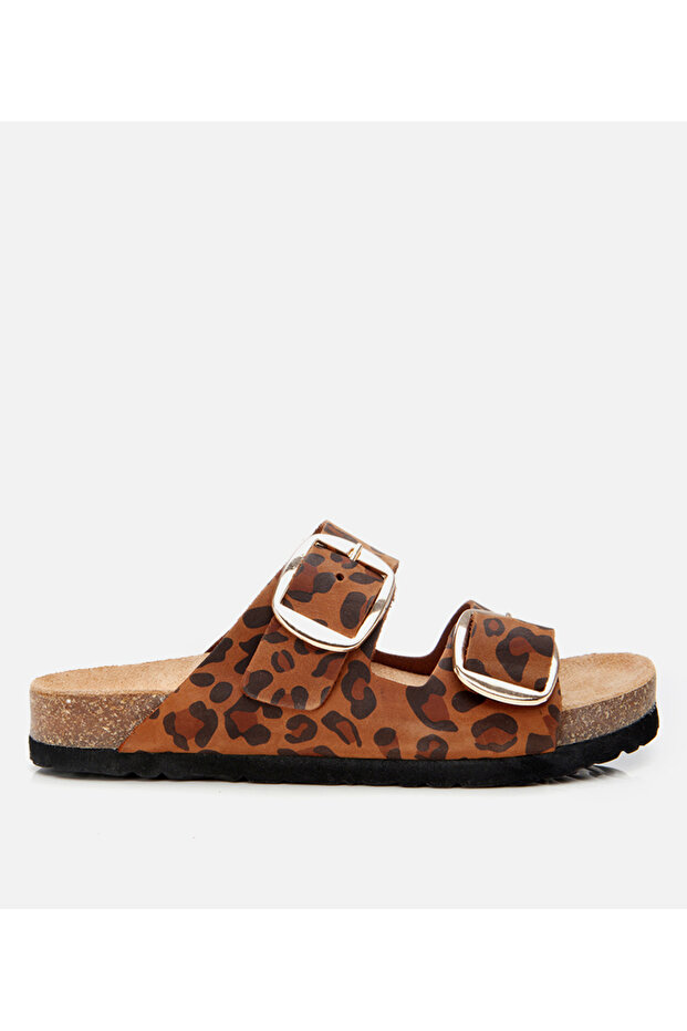 Women's Suede Leather Tan Leopard Patterned Belted Flat Slippers