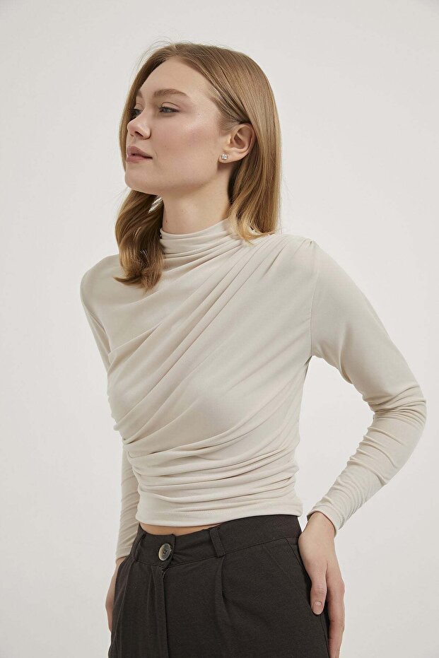 High Collar Draped Stretchy Blouse