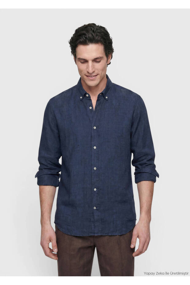 Indigo Plain Casual Fit Long Woven Casual 100% Linen Shirt