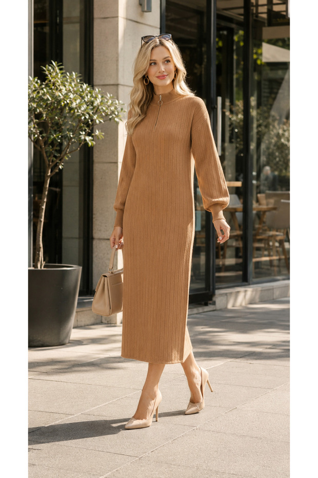 (Karamel)Flat-Cut Thick Terry Fabric Standing Collar Zippered Knitted Dress (Length 130 Cm.)