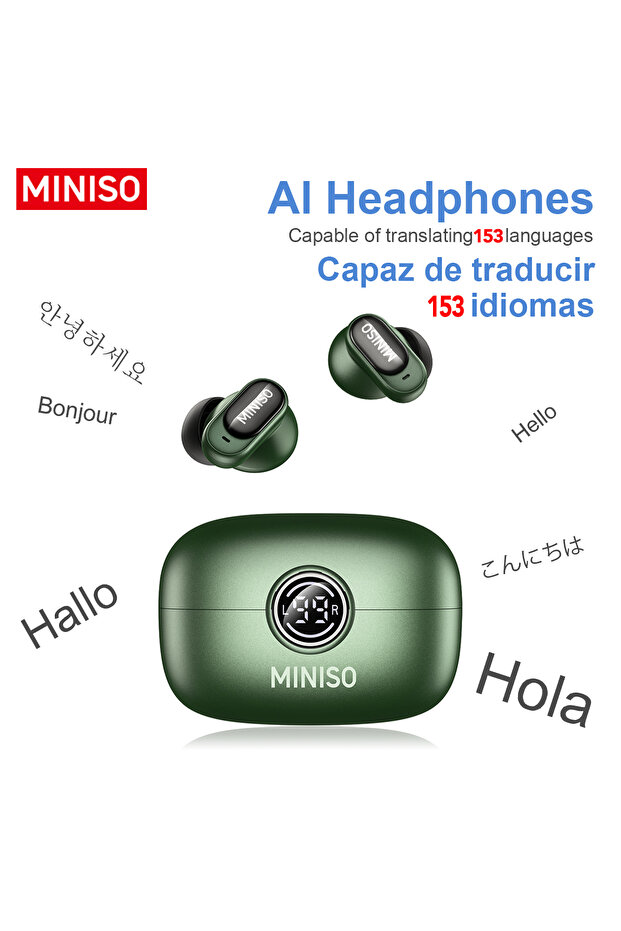 MINISO Green AI MINISO MS105 Wireless Bluetooth Headphones AI Translator Earbuds Nosie Reduction Mic