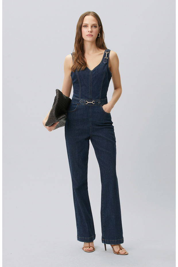 İndigo Aksesuarlı Denim Tulum