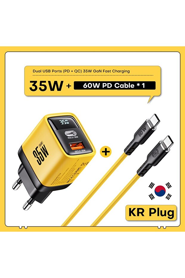 قابس KR مع كابل ASOMETECH شاحن GaN بقوة 35 واط وشاشة LED وشحن سريع QC3.0 بقوة 30 واط و25 واط وPD PPS من نوع USB