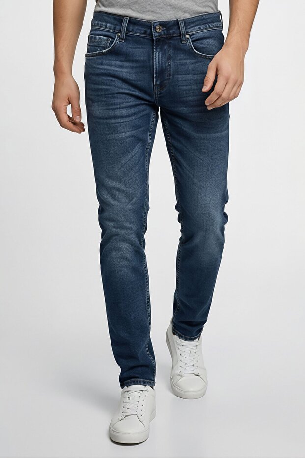 Men Slim Fit Mickym Washed Denim Jeans, Navy