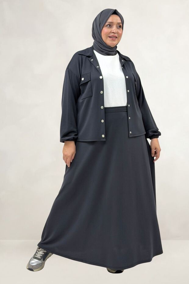 67066 Plus Size Modal Suit with Flap Pockets and Skirt - Anthracite
