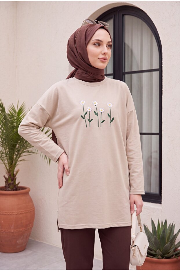 Daisy Embroidered Round Neck Combed Cotton Tunic - Stone