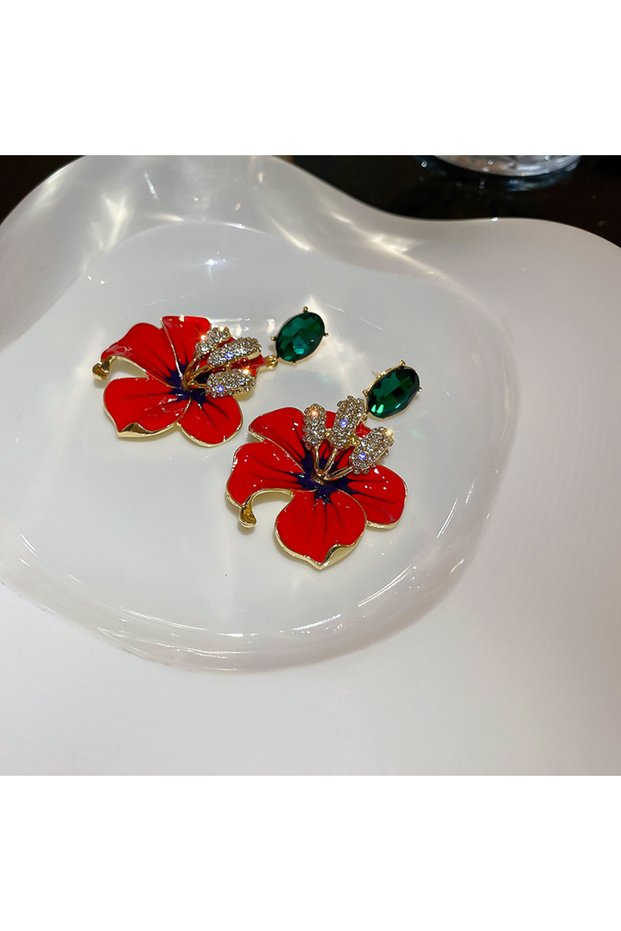 HE8070-2 Korean style Orange Enamel Flowers Drop Earrings for Women Girls Green Crystal Dangle Earri