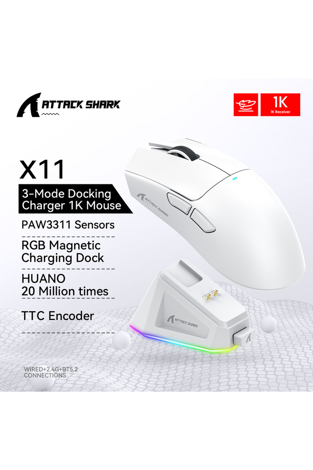 ماوس لاسلكي White Attack Shark X11 PAW3311 بدقة 22KDPI و400IPS، اتصال ثلاثي الأوضاع 2.4 جيجاهرتز/سلكي/أزرق