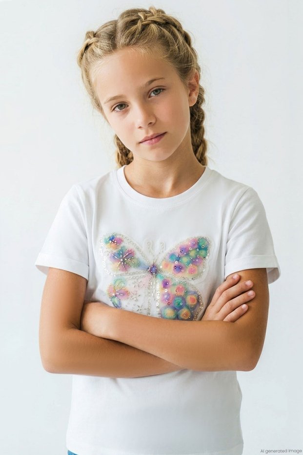 Girl's T-Shirt with Butterfly Embroidery, Tulle and Sequins, Ages 5-10, Ecru