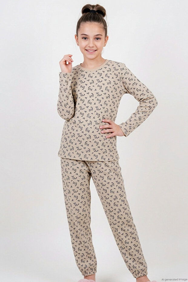 Girl's Pajama Set with Floral Pattern and Elastic Waistband, 9-12 Years Old, Beige