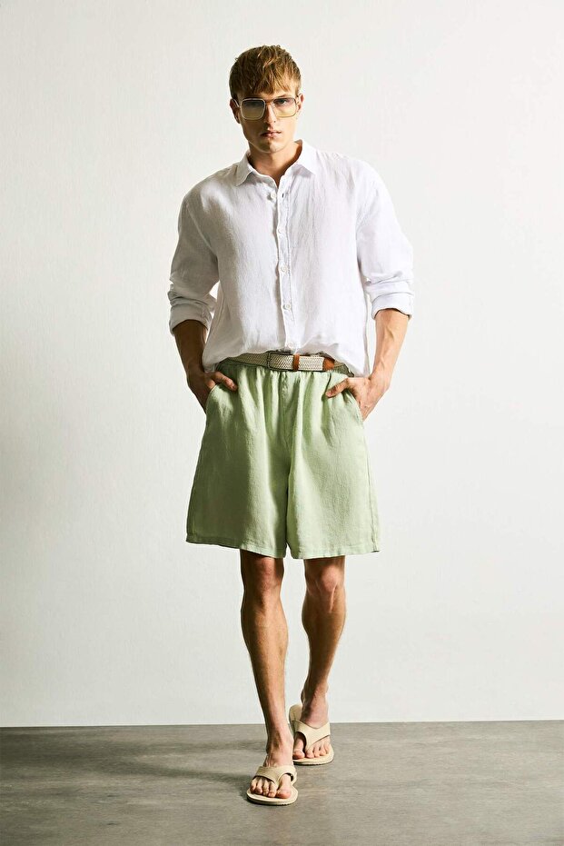 Breathable 100% Linen Premium Baggy Fit Bermuda Shorts G0854Ax26Sm