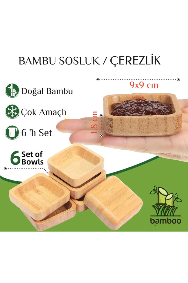 Bamboo 6-piece square cookie/goodie bowl set, 9x9 cm. depth: 1.8 cm.