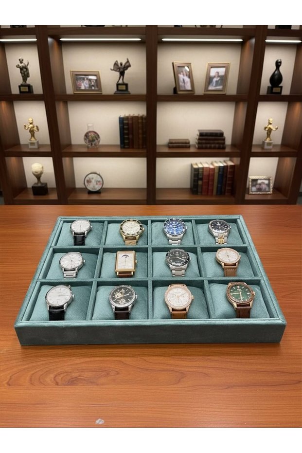Watch and Jewelry Stand with 12 Compartments, Suede Fabric Covering on Mdf, Domestic Production