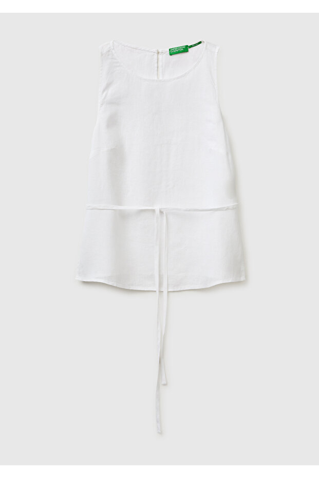 Women's white 100% linen tie back button sleeveless top
