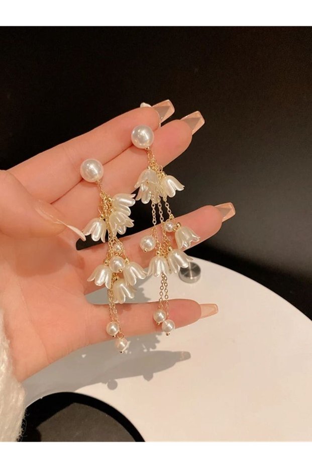 NJ-1345 Kpop Acrylic White Flower Drop Earring Sweet Long Tassel Pearl Earrings For Women Fashion Je