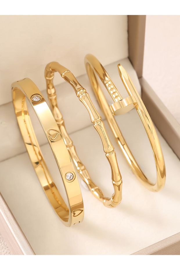 58-60mm 3pc Bracelet Set 1pc 18K Gold Plated Stainless Steel Stackable Bracelet With Chain And Clove