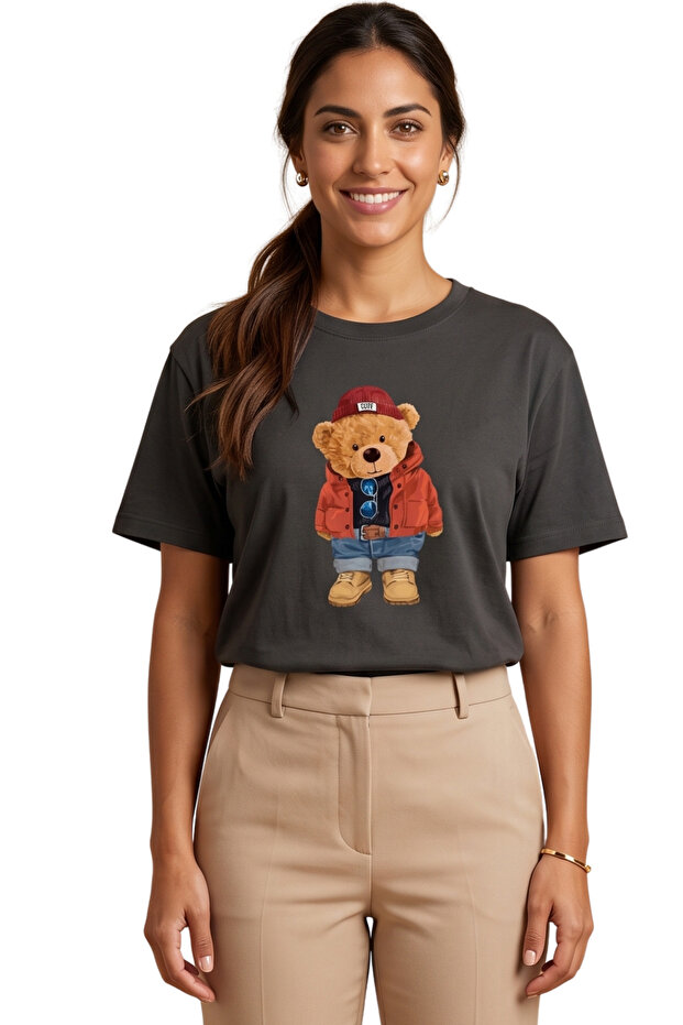 Teddy Bear with Jacket and Jeans Printed Oversized Regular Fit Unisex T-Shirt
