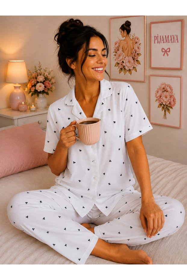 Ultra Soft Textured Cotton Buttoned Pajama Set - White