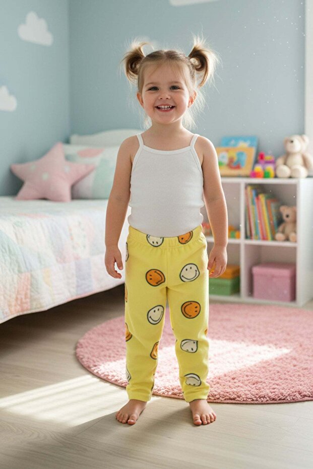 Smiling Face Patterned Fleece Unisex Children's Pajama Bottoms