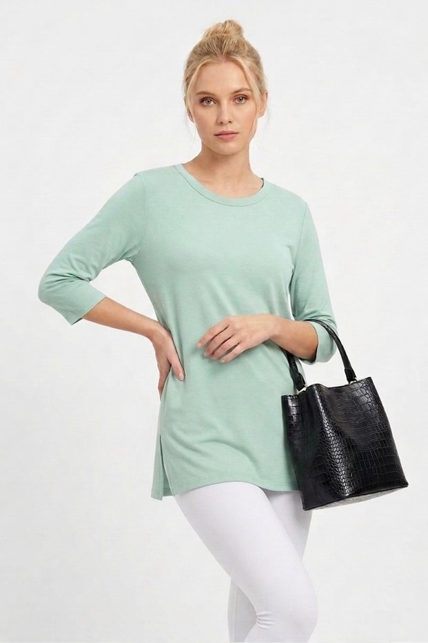 Water Green 70% Cotton Anti-Sweat Single Jersey Combed Cotton Three Quarter Sleeve Crew Neck Tunic