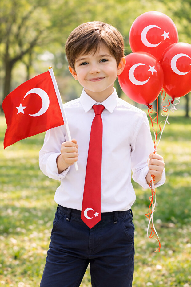 Children's Tie with Turkish Flag Printed on Satin Fabric - Special Boxed