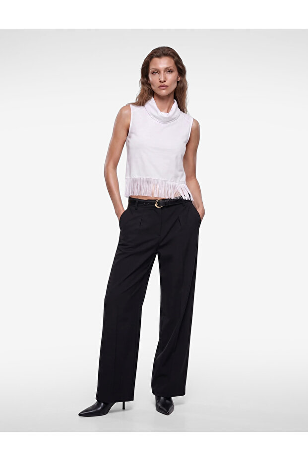 Aerobin Fabric Draped Collar Sleeveless Tasseled Satin Blouse