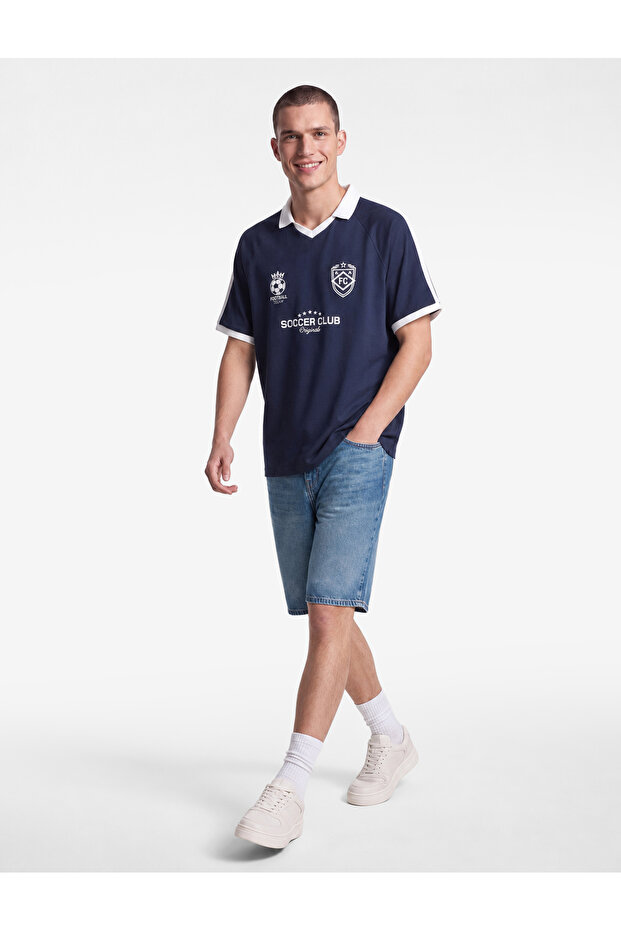 Cotton Printed Color Contrast Short Sleeve Polo Neck T-Shirt